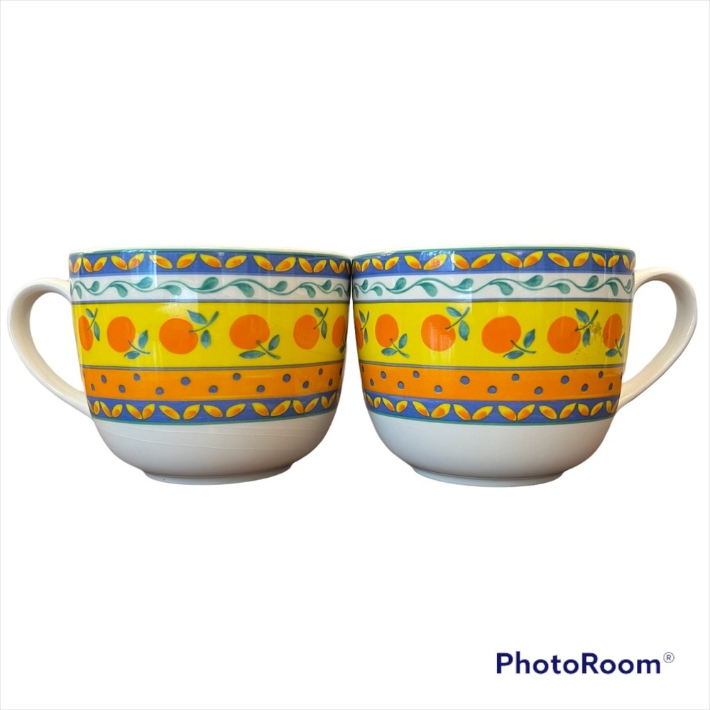 Furio Home‎ citrus print mugs 16oz set of 2. Orange print with colorful accents